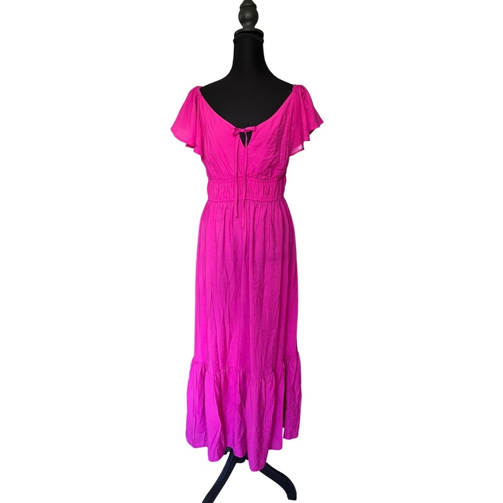 Nine West Petites Pink Tiered Midi Dress Smocked Waist PL Barbiecore Summer